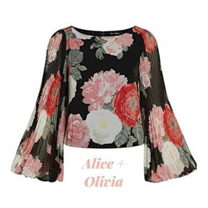 NWT Alice + Olivia Floral Accordion Pleat Sleeve Silk Blouse Black M Top
